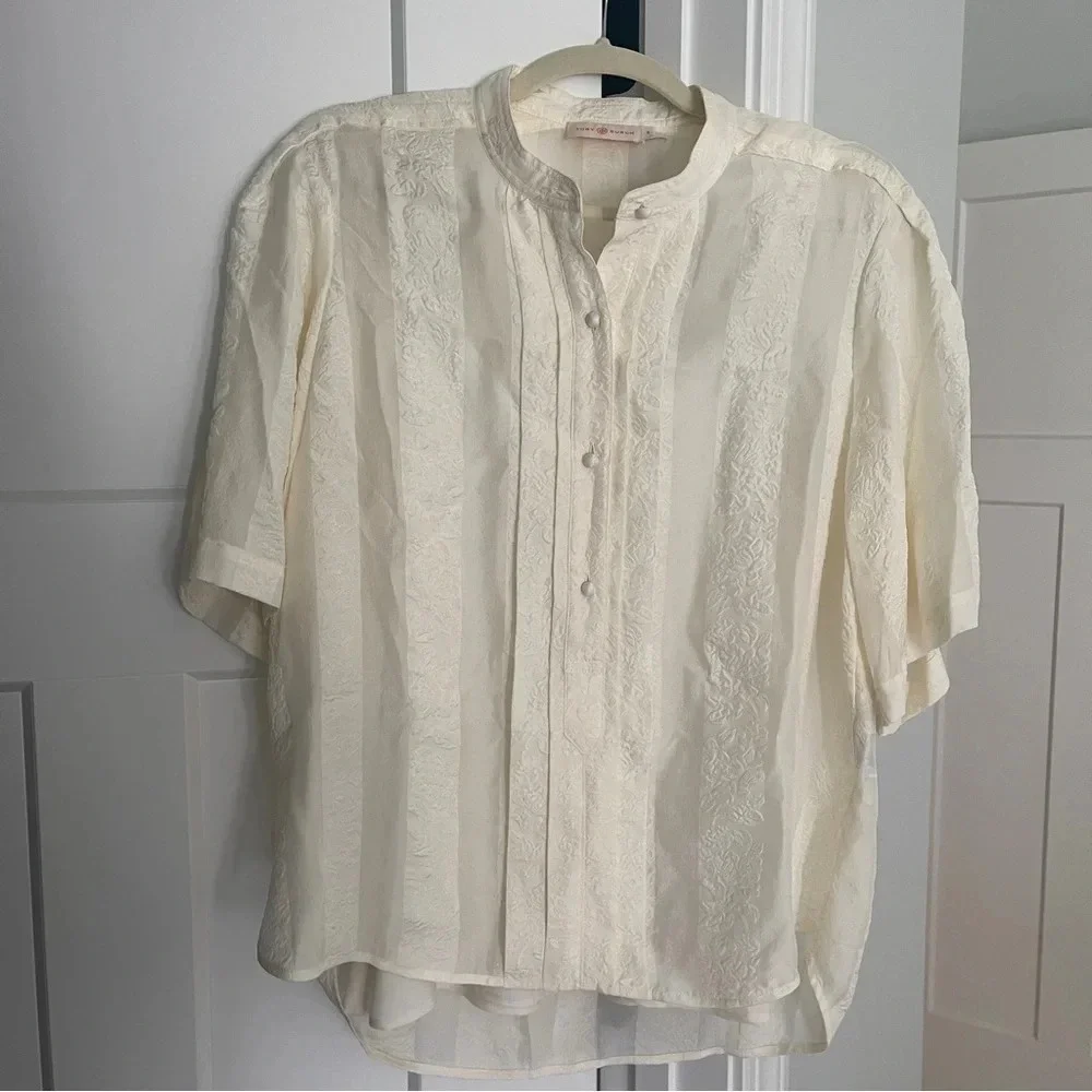 Tory Burch Floral Silk Cream Short‎ Sleeve Blouse Button Down